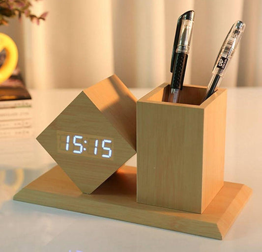 Alarm Clock Pen Stand (Wooden)